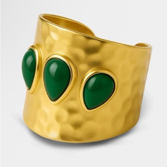 Anthro Ring - Hammered 14k Gold Plated Cuff Ring With Green Stone Accents - Picture 3 of 8